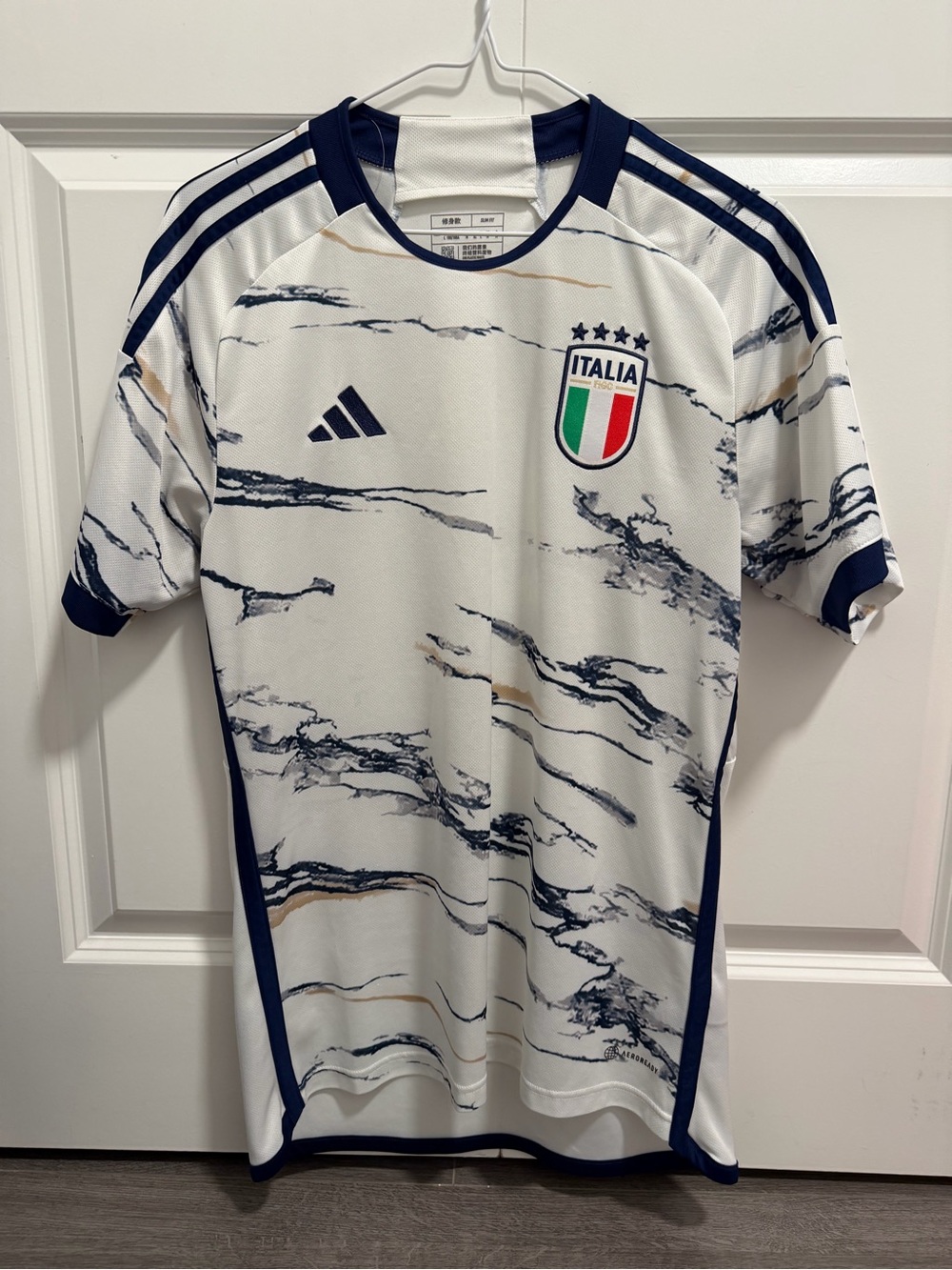 adidas Italia White Navy Marble-Accent Men's Football Jersey